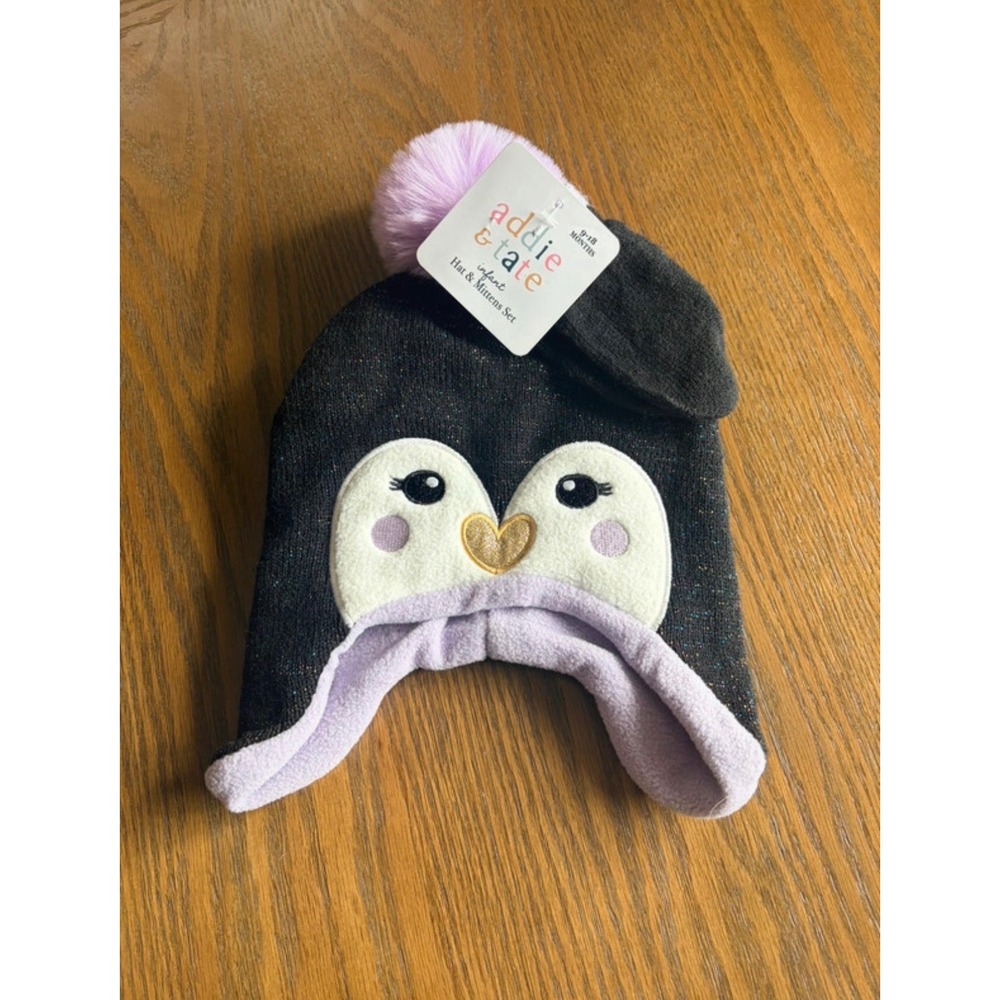 Addie & Tate Infant Penguin Hat and Mittens Set Black Purple Sparkle 9-18 Months